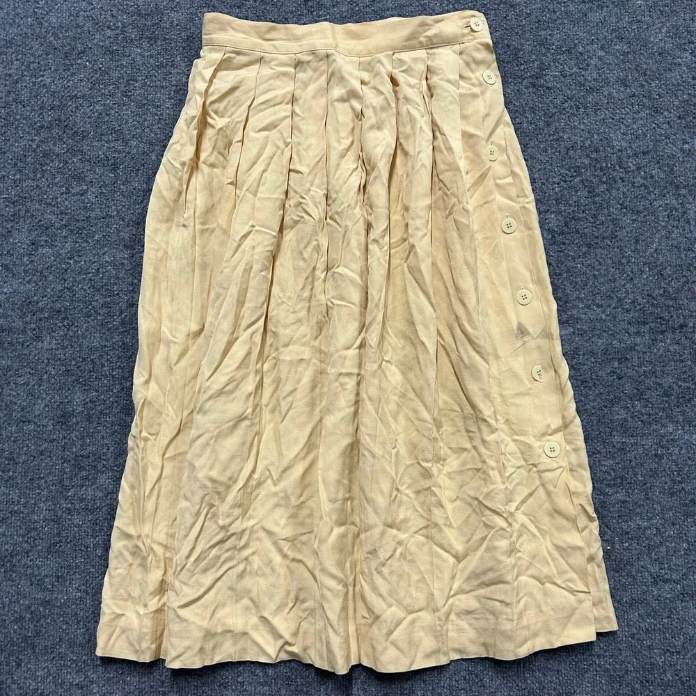 Vintage Skirt Womens Size 28 Yellow Pleated Side Button Midi Casual Flowy Flaw
